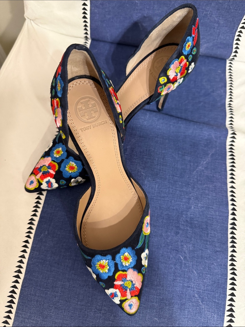 Tory Burch Navy Pointed-Toe D'Orsay Heels with Multicolor Floral Embroidery - Picture 7 of 7